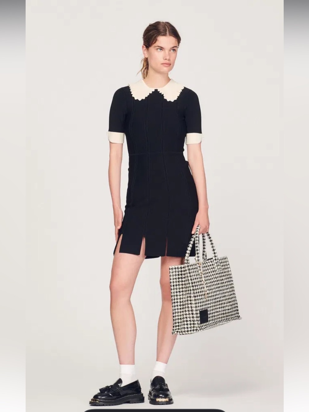 Sandro Black Short-Sleeve Dress with Cream Scalloped Collar